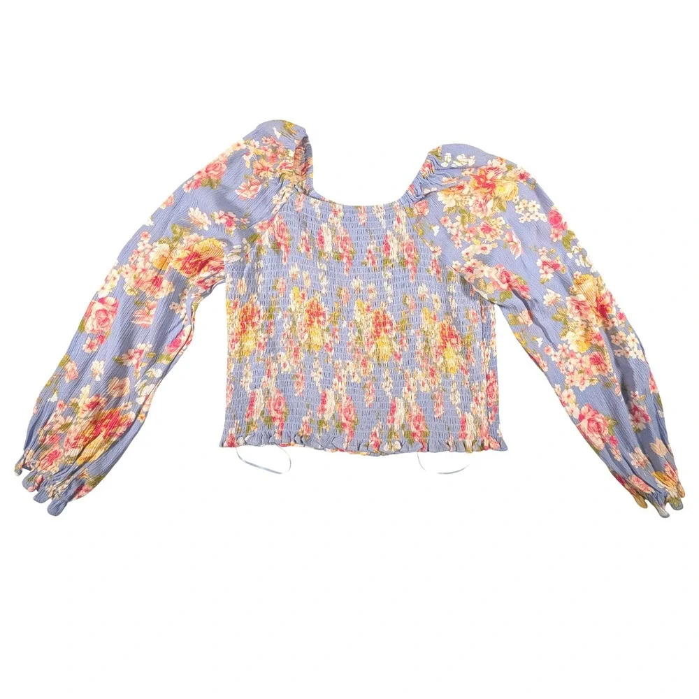 C & V Girls Floral Smocked Peasant Tops Lot of 3 Pink Blue Cream Boho Size XL - Picture 4 of 16